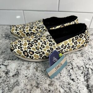 TOM'S ALPARGATA NATURAL GLITTER CHEETAH FAUX FUR LINED SLIP ON SHOES SIZE 10